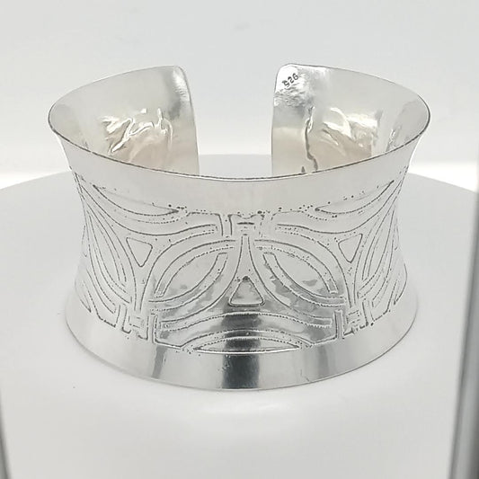 Sterling Silver Cuff Etched Celtic pattern hand-formed wide statement cuff, handmade Canada