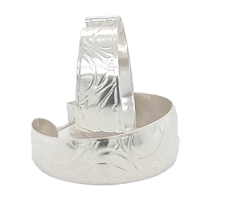 Sterling silver hoop earrings etched 92.5 silver handformed into convex hoops with tension posts GemRapture Jewellery handmade artisan jewelry made in Canada