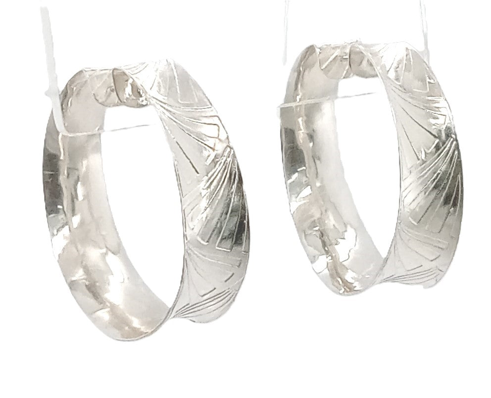 Sterling Silver Hoop Earrings Concave Etched Patterns Handmade Canada