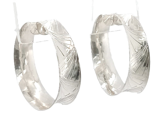 Sterling Silver Hoop Earrings Concave Etched Patterns Handmade Canada