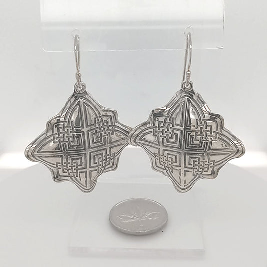 Sterling Silver Dangle Earrings Celtic Diamond etched hand formed Handmade Canada