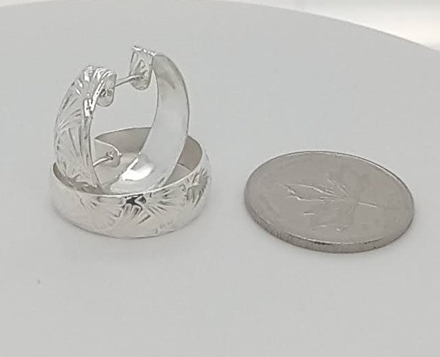 Sterling silver hoop earrings etched 92.5 silver handformed into convex hoops with tension posts GemRapture Jewellery handmade artisan jewelry made in Canada
