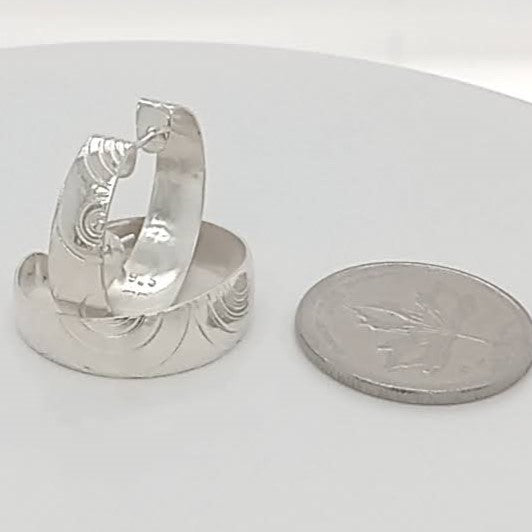 Sterling silver hoop earrings etched 92.5 silver handformed into convex hoops with tension posts GemRapture Jewellery handmade artisan jewelry made in Canada