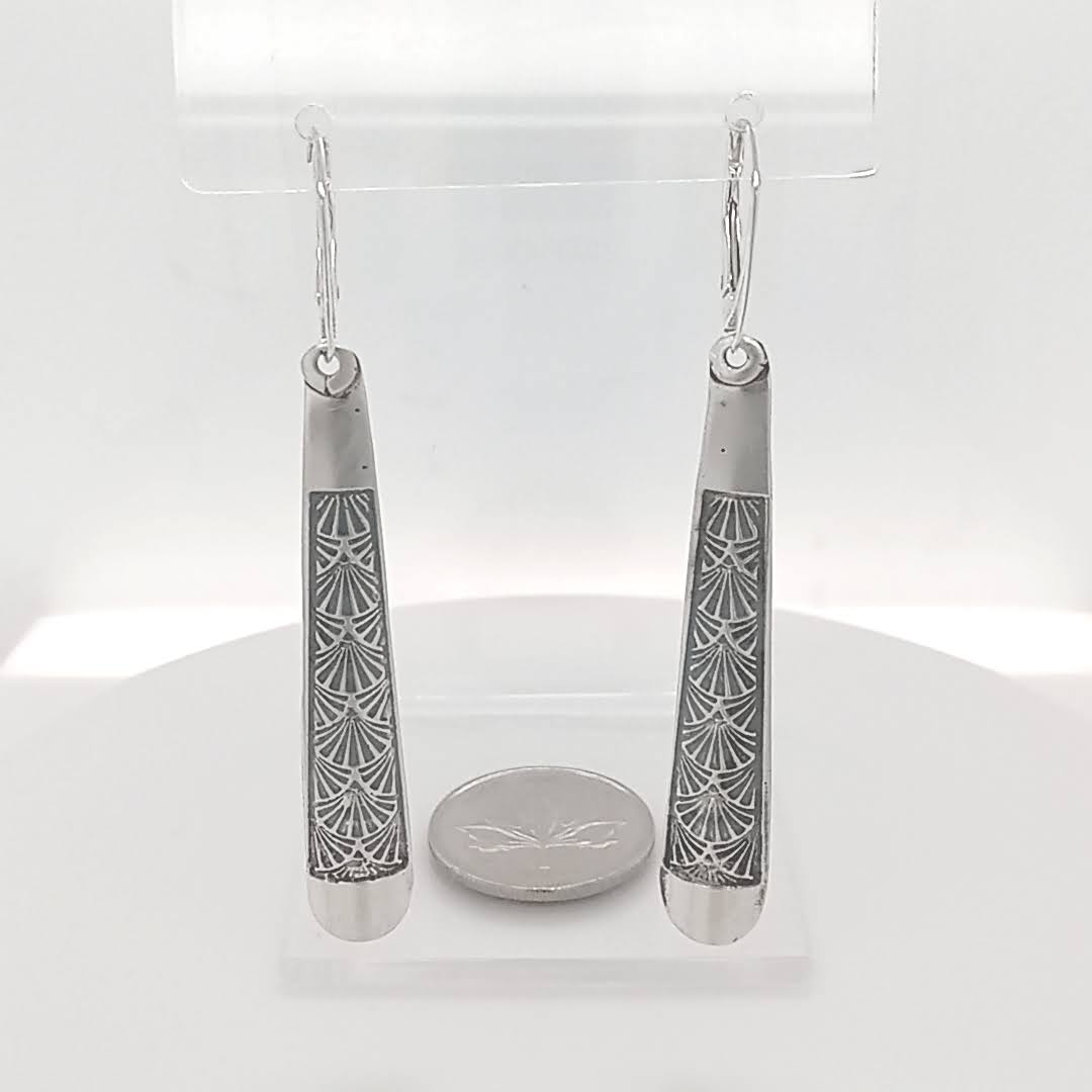 Sterling Silver Slender Drop Earrings Etched Texture Handmade