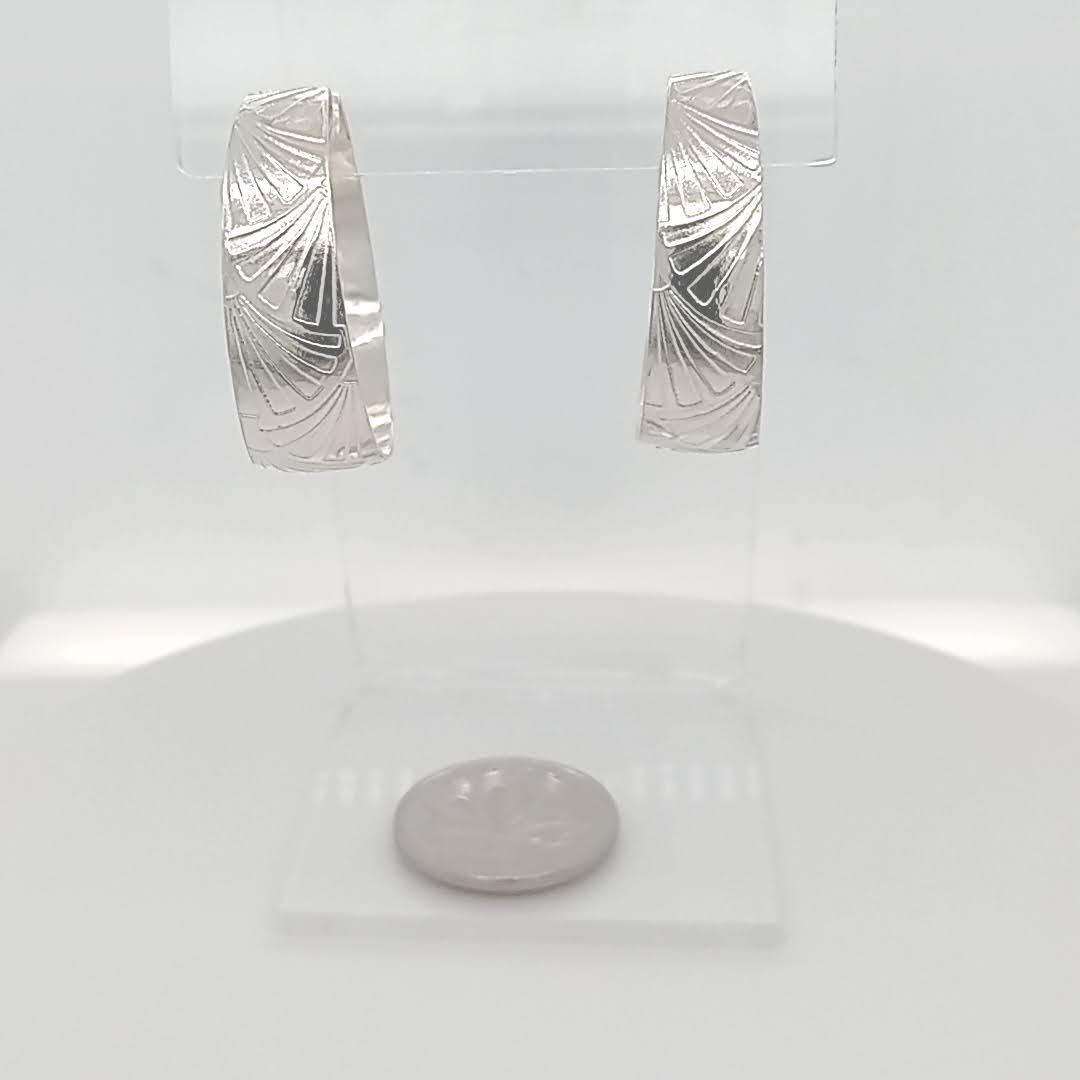 Sterling silver hoop earrings Canada 26mm silver etched and handformed into synclastic hoops tension posts GemRapture Jewellery handcrafted in Canada