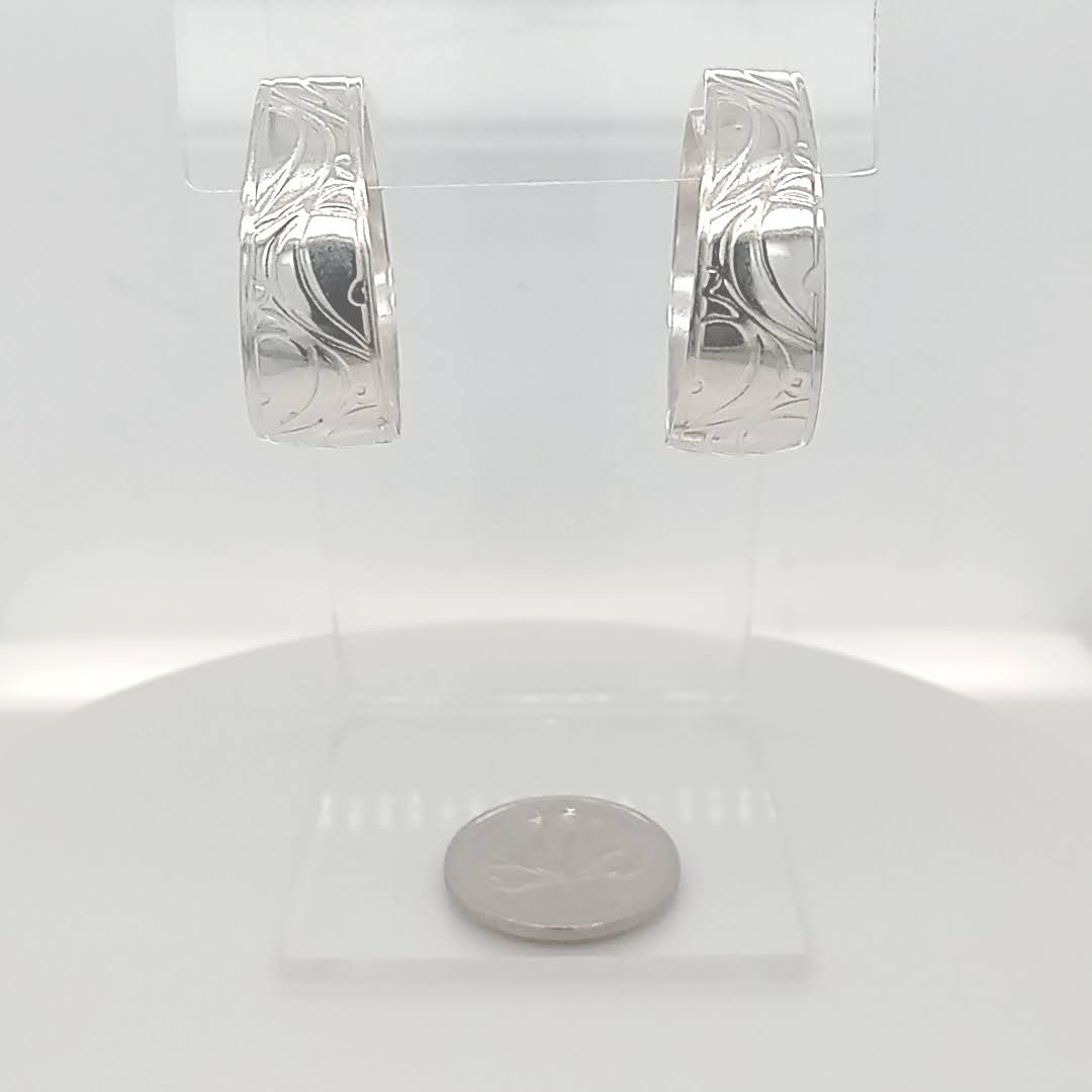Sterling silver hoop earrings Canada 26mm silver etched and handformed into synclastic hoops tension posts GemRapture Jewellery handcrafted in Canada