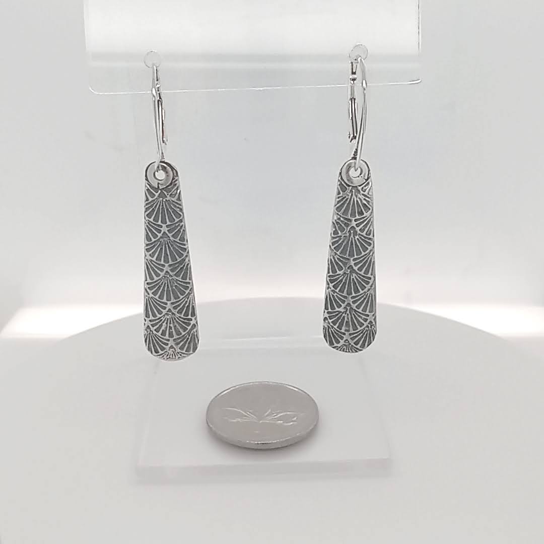 Sterling silver refined statement drop earring etched with delicate patterns on lever back hooks GemRapture Jewellery Canadian handmade artisan jewelry