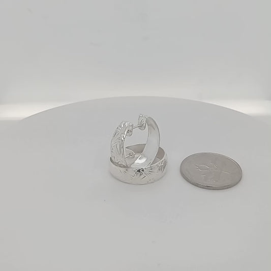 Sterling silver hoop earrings etched 92.5 silver handformed into convex hoops with tension posts GemRapture Jewellery handmade artisan jewelry made in Canada