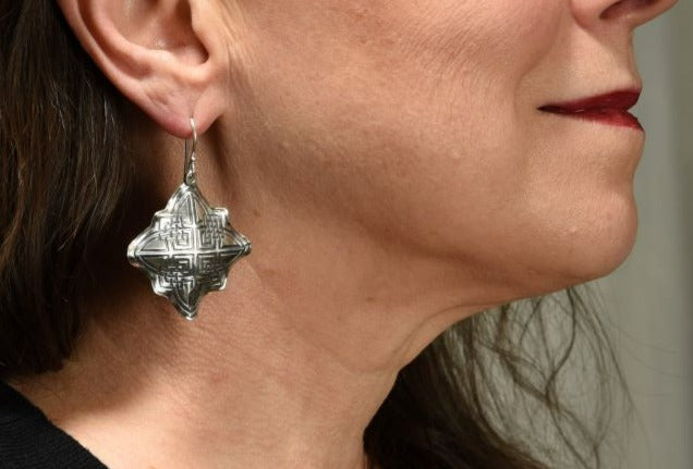 Sterling Silver Dangle Earrings Celtic Diamond etched hand formed Handmade Canada