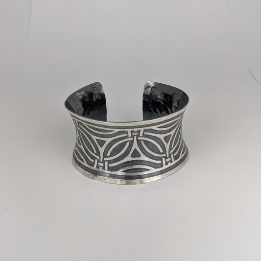 Sterling Silver Cuff wide art deco pattern etched & hand painted Black Pearl patina GemRapture Jewellery handcrafted in Canada