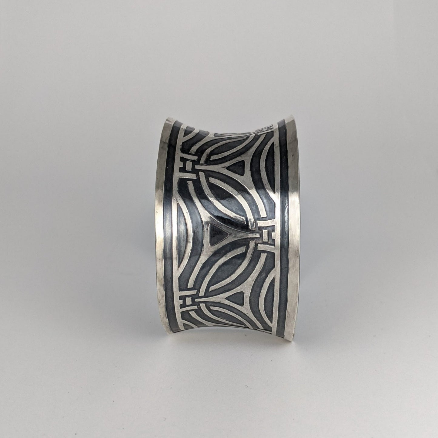 Sterling Silver Cuff wide art deco pattern etched & hand painted Black Pearl patina GemRapture Jewellery handcrafted in Canada