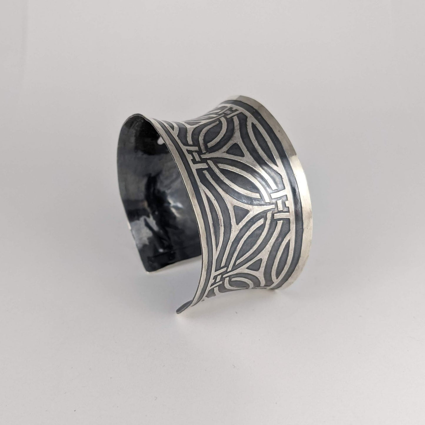 Sterling Silver Cuff wide art deco pattern etched & hand painted Black Pearl patina GemRapture Jewellery handcrafted in Canada