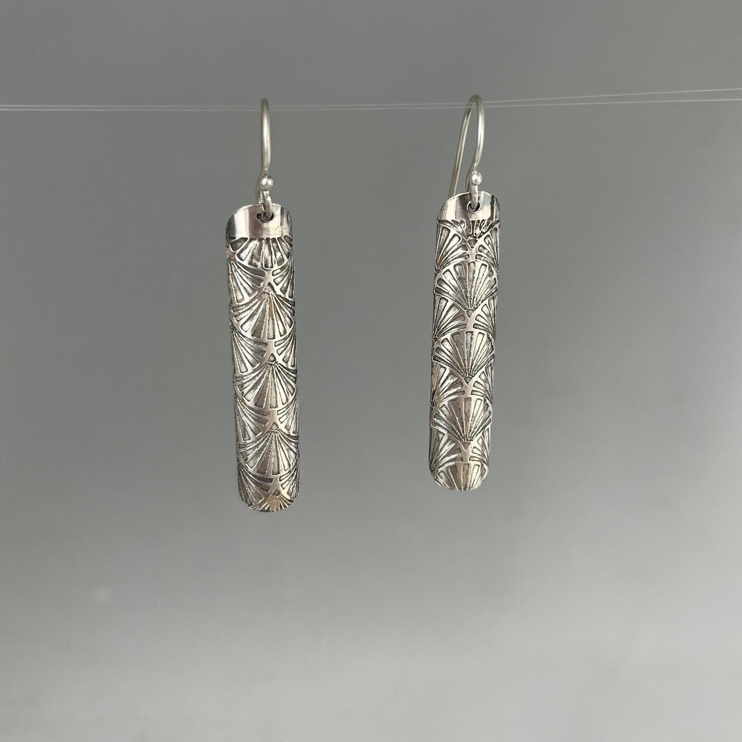 Silver Tube Earrings with Etched Motif