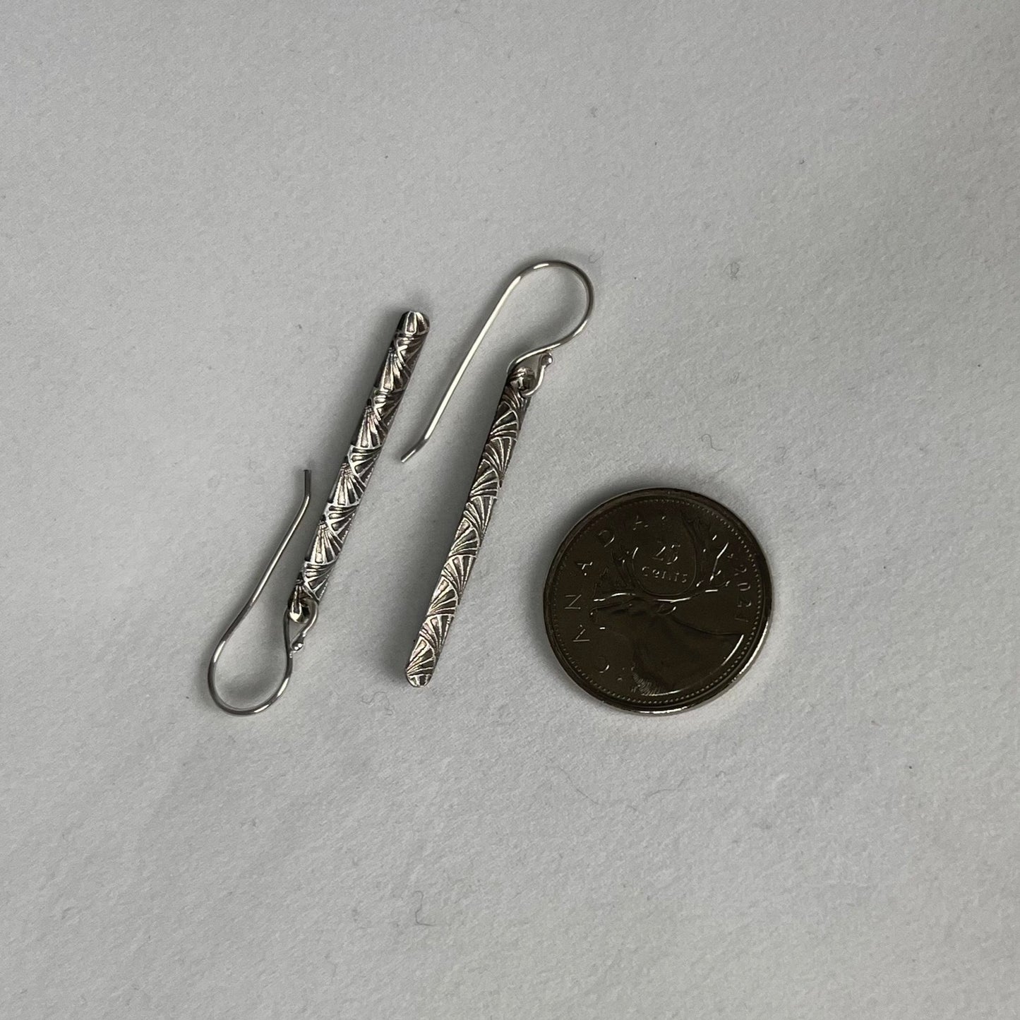 Silver Tube Earrings with Etched Motif