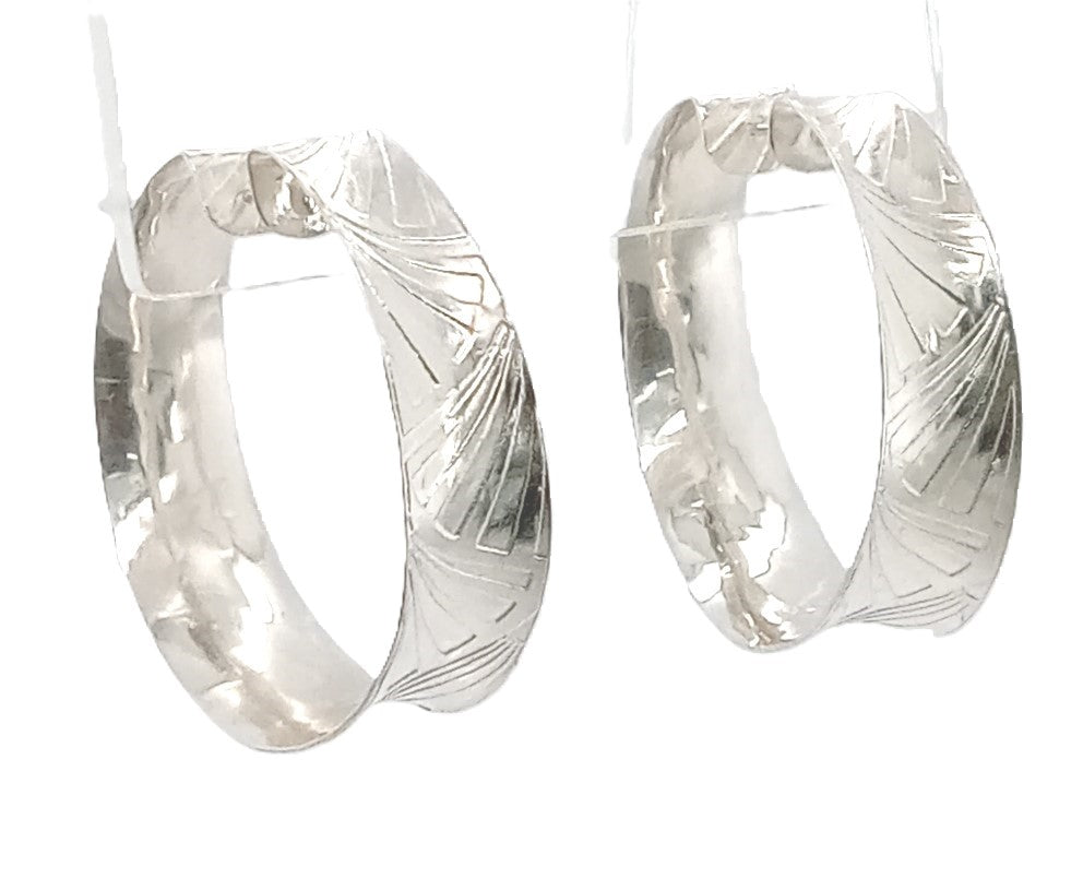 Sterling silver hoop earrings etched 92.5 silver handformed into anticlastic hoops with tension posts GemRapture Jewellery handmade artisan jewelry made in Canada