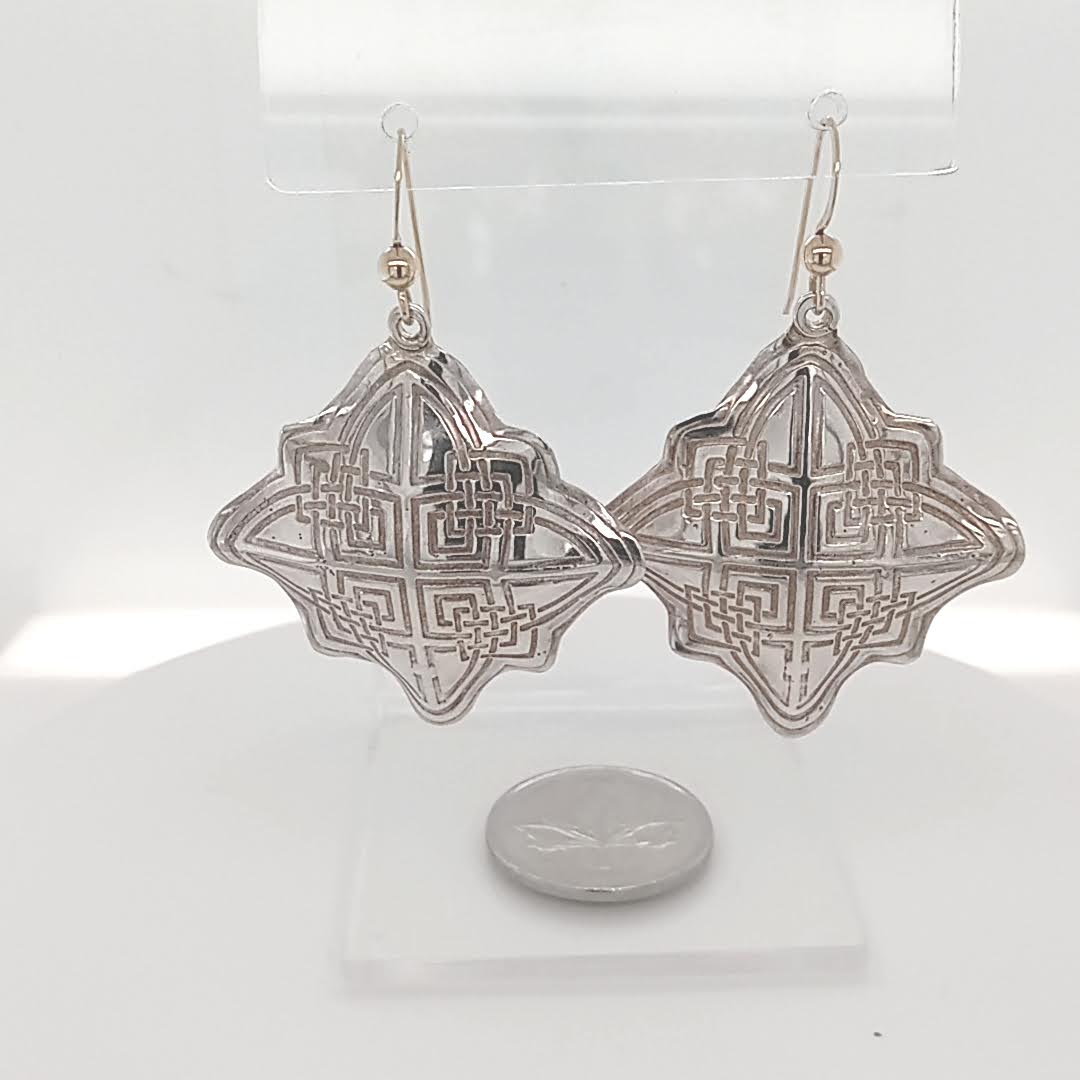 Sterling Silver Dangle Earrings Celtic Diamond etched hand formed Handmade Canada