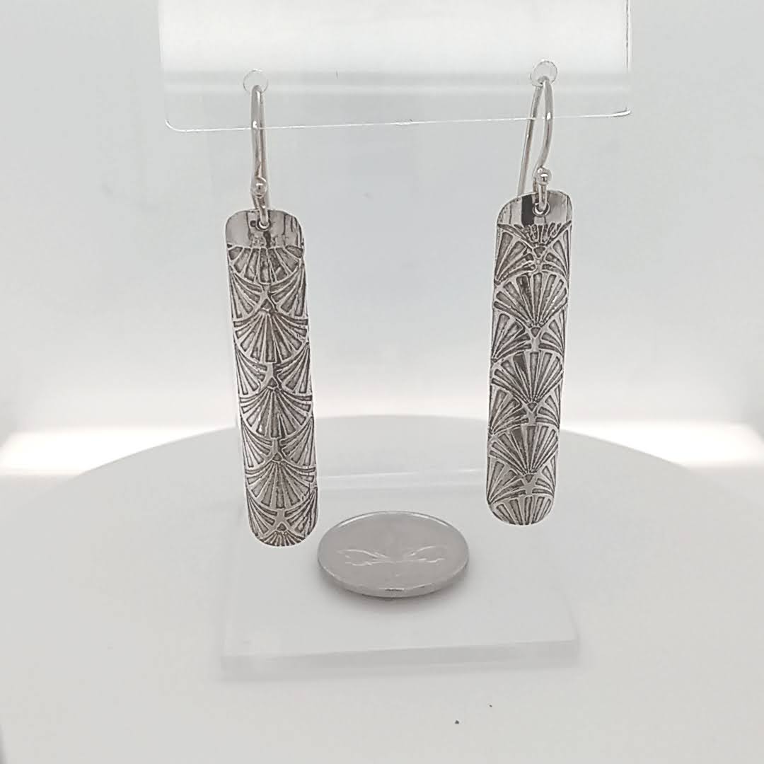 Sterling Silver Earrings Sleek Tube with Etched Fan Motif GemRapture Jewellery proudly Canadian handcrafted artisan jewelry
