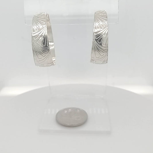 Sterling silver hoop earrings Canada 26mm silver etched and handformed into synclastic hoops tension posts GemRapture Jewellery handcrafted in Canada