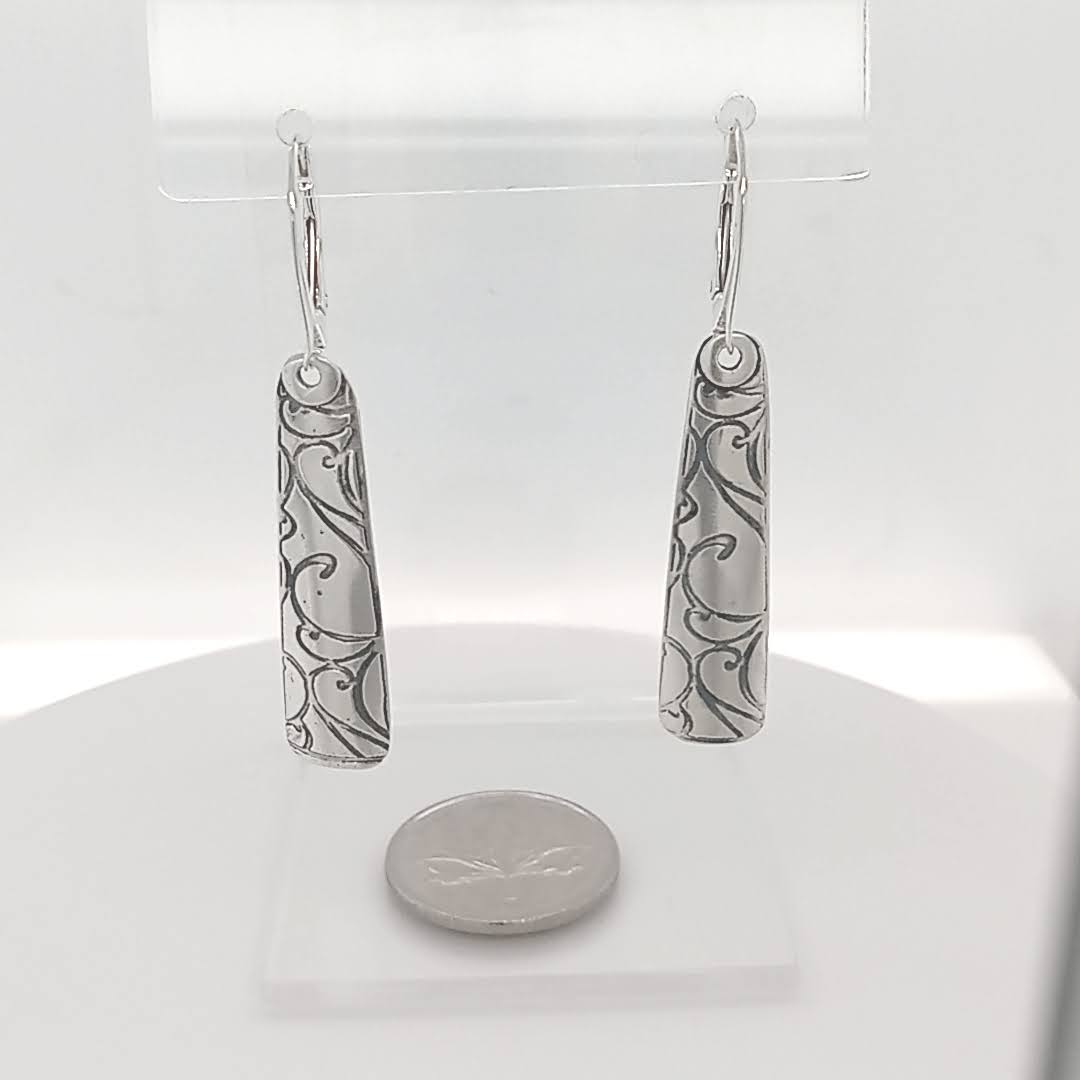 Sterling silver refined statement drop earring etched with delicate patterns on lever back hooks GemRapture Jewellery Canadian handmade artisan jewelry