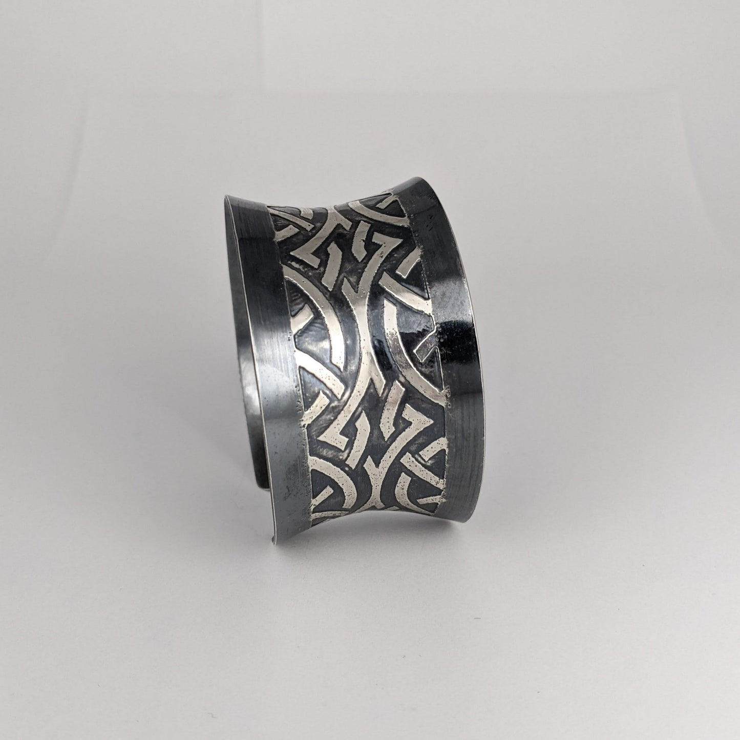 C148.32bs Wide Sterling Silver Cuffs, 92.5 SS, hand-formed, Art Deco etching & Black Pearl patina
