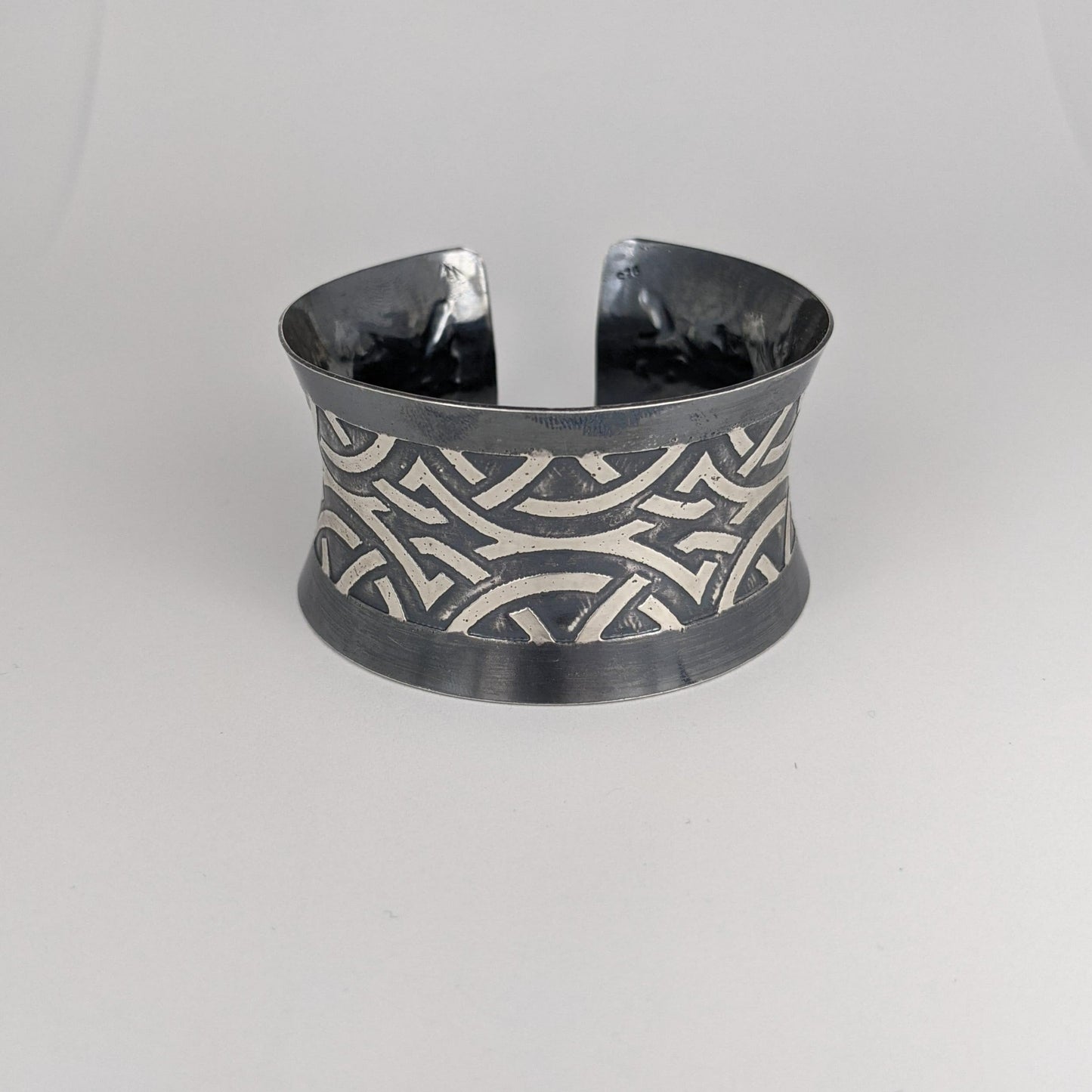 C148.32bs Wide Sterling Silver Cuffs, 92.5 SS, hand-formed, Art Deco etching & Black Pearl patina