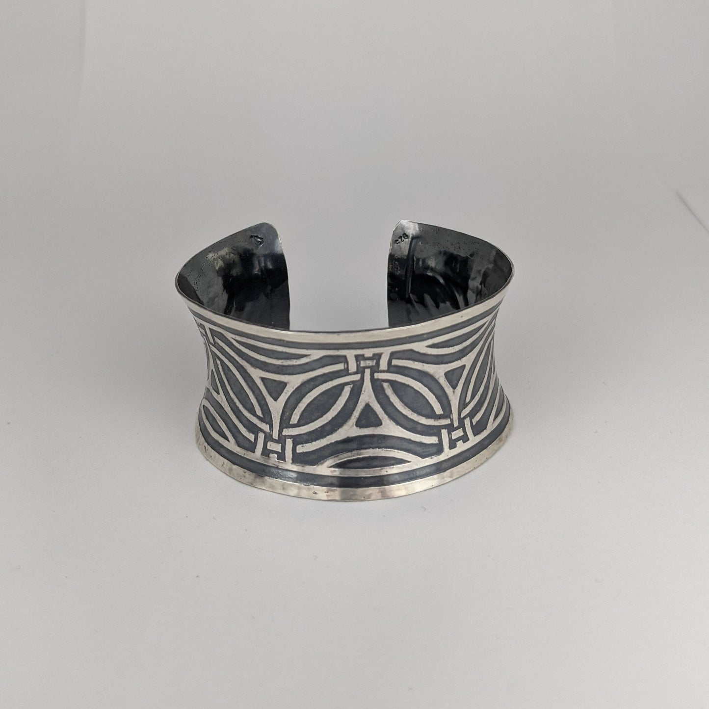 C155.31bs Wide Sterling Silver Cuffs, 92.5 SS, hand-formed, Art Deco etching & Black Pearl patina