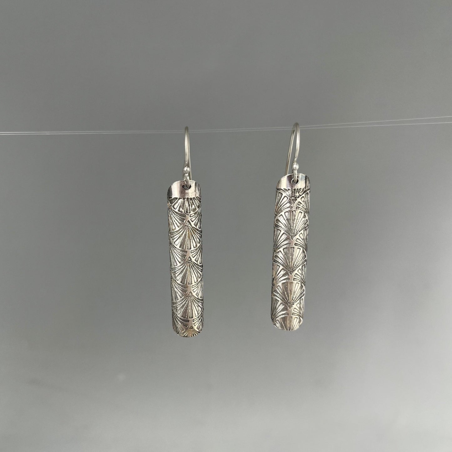 Silver Tube Earrings with Etched Motif