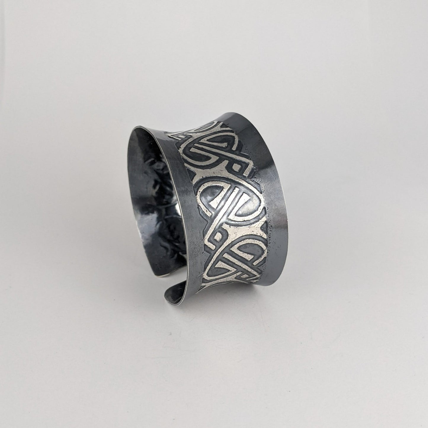C168.27bs Wide Sterling Silver Cuffs, 92.5 SS, hand-formed, Art Deco etching and patinated
