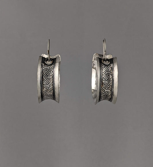 sterling silver hoop earrings with textured art deco pattern
