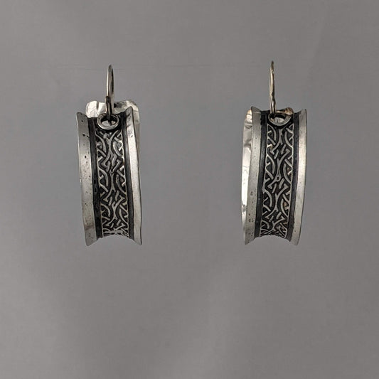 sterling silver hoop earrings with textured art deco pattern