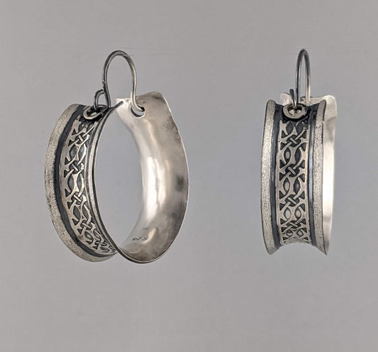 sterling silver hoop earrings with textured art deco pattern